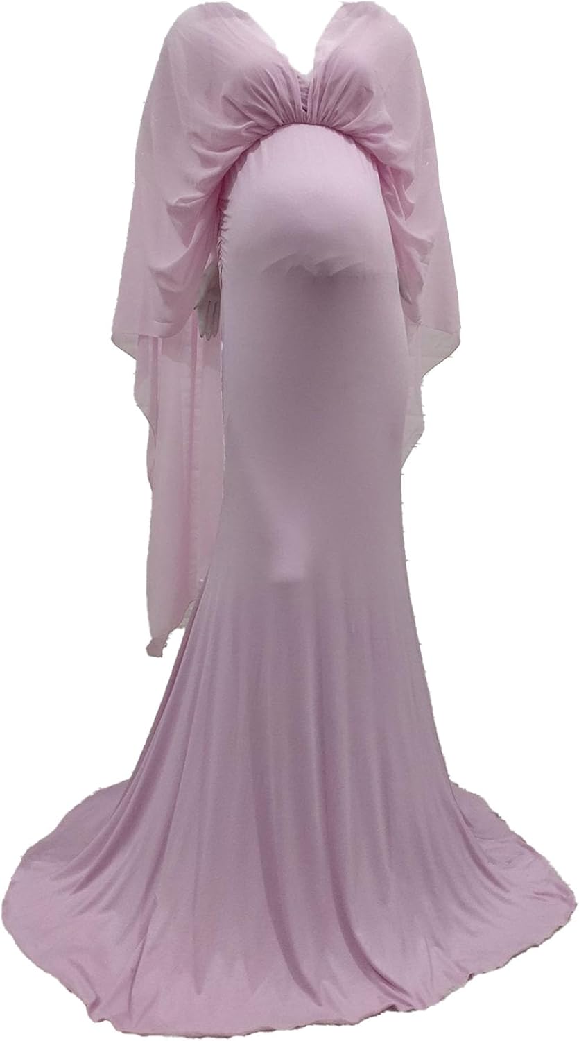 Women Maternity Mermaid Chiffon Dress V Neck Slim Fit Fitted Chiffon Gown Maxi Photo Shoot Flowy Dress
