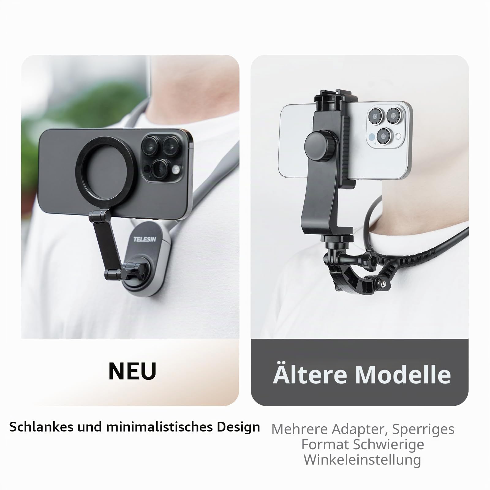 TELESIN Magnetische Nackenhalterung für Telefone, Nacken-Telefonhalter POV/Vlog Selfie-Halterung Hand frei Telefon-Halshalterung Bruststativgurt Videoaufnahme iPhone 17 16 15 14 13 12 Android (Grau)