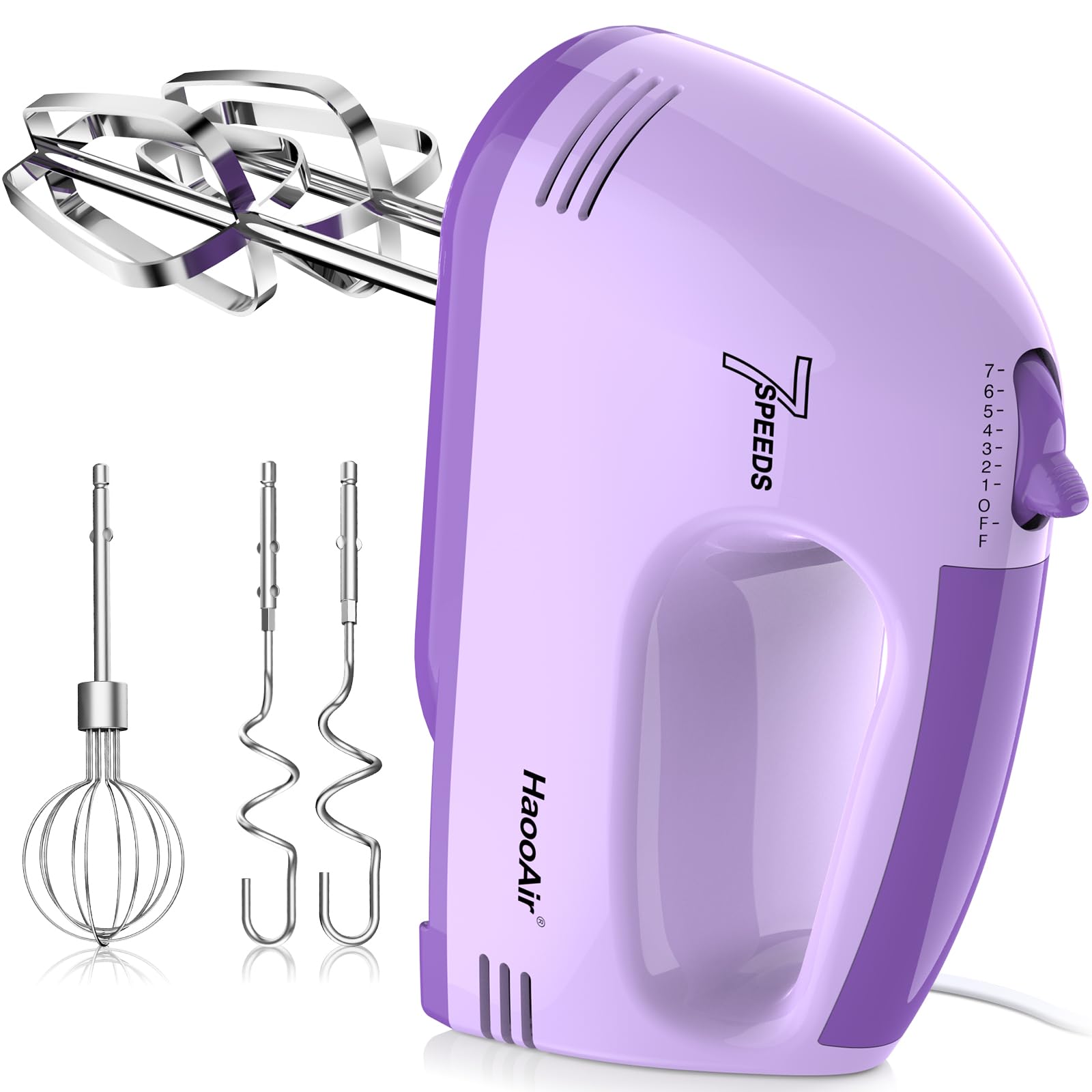 HaooAir Hand Mixer, Small 7-Speed Mixer, Dishwasher-Safe 304 Accessories (1 Whisk, 2 Dough Hooks, 2 Beaters), Mixes various ingredients, for both beginners and bakers (Purple)