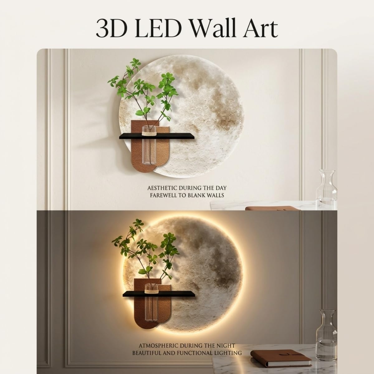 Decorazione da parete a LED, tela illuminata 3D con vaso per piante, decorazione moderna per soggiorno e ingresso, decorazione unica per la casa, 80 cm