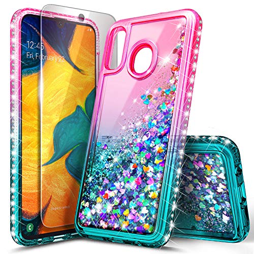 Galaxy A20 Case, Galaxy A30 Case with Tempered Glass Screen Protector, NageBee Glitter Liquid Floating Waterfall Durable Girls Women Cute Case for Samsung Galaxy A30/A20 (6.4 Inch) -Pink/Aqua