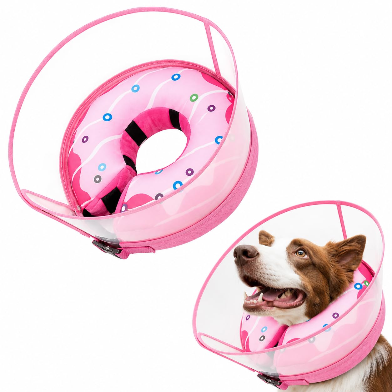 InfiniZer Inflatable Dog Collar for After Surgery 2-in-1 Dog Cone Adjustable Soft Donut Collar with Detachable Shield Anti-Lick Recovery Pet Cone Collar for Small Medium Large Pet (Pink, XL)