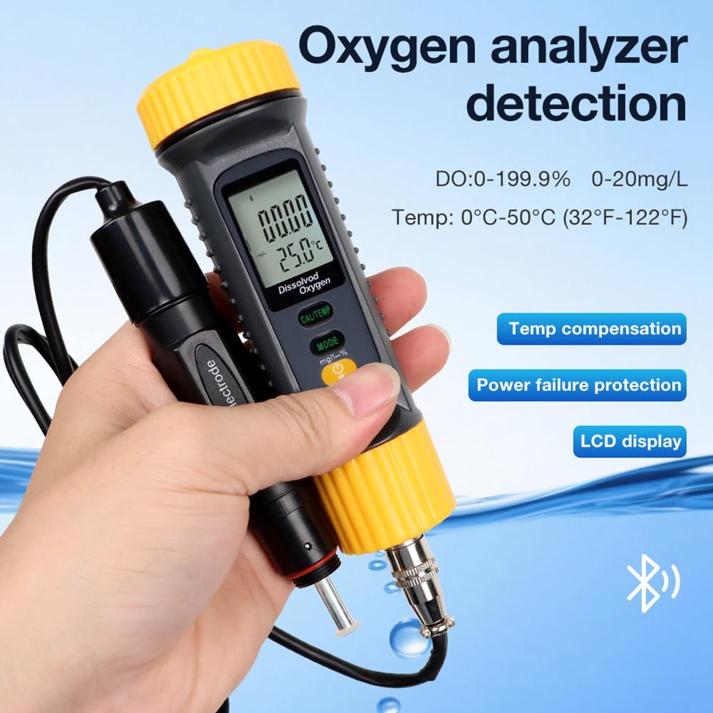 Misuratore di Ossigeno Disciolto Bluetooth con Display LCD Digitale Professionale per la Qualità 'Acqua 0.0‑20.0mg/L 0°C-50°C Misuratore di Temperatura