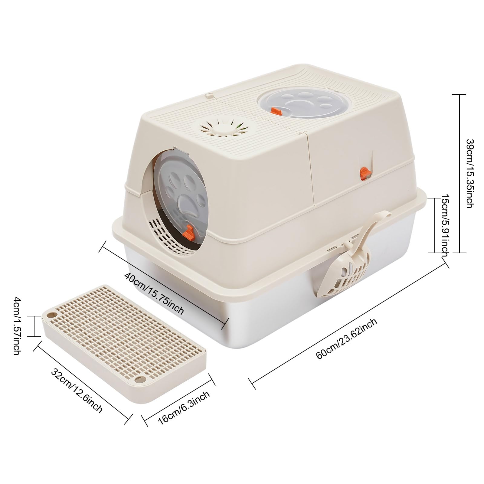 Lettiera chiusa per gatti da 28 l, 60 x 40 x 39 cm, con filtro antiodore e cuscinetti antiscivolo, lettiera per gatti di grandi dimensioni fino a 10 kg, cachi