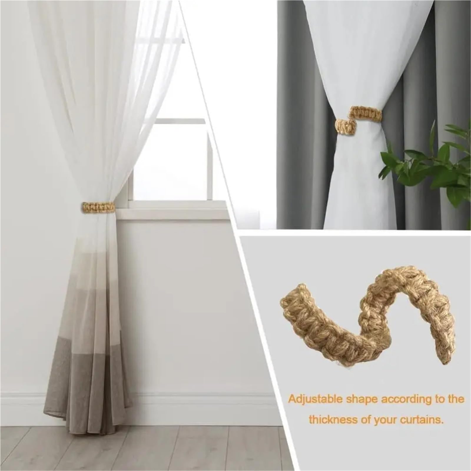 Embrasses de Rideaux en Corde Chanvre tissées à la Main, Support Rangement décoratif avec Plusieurs Crochets, décoration Chambre Coucher, Accessoire, 4 pièces pour Maison