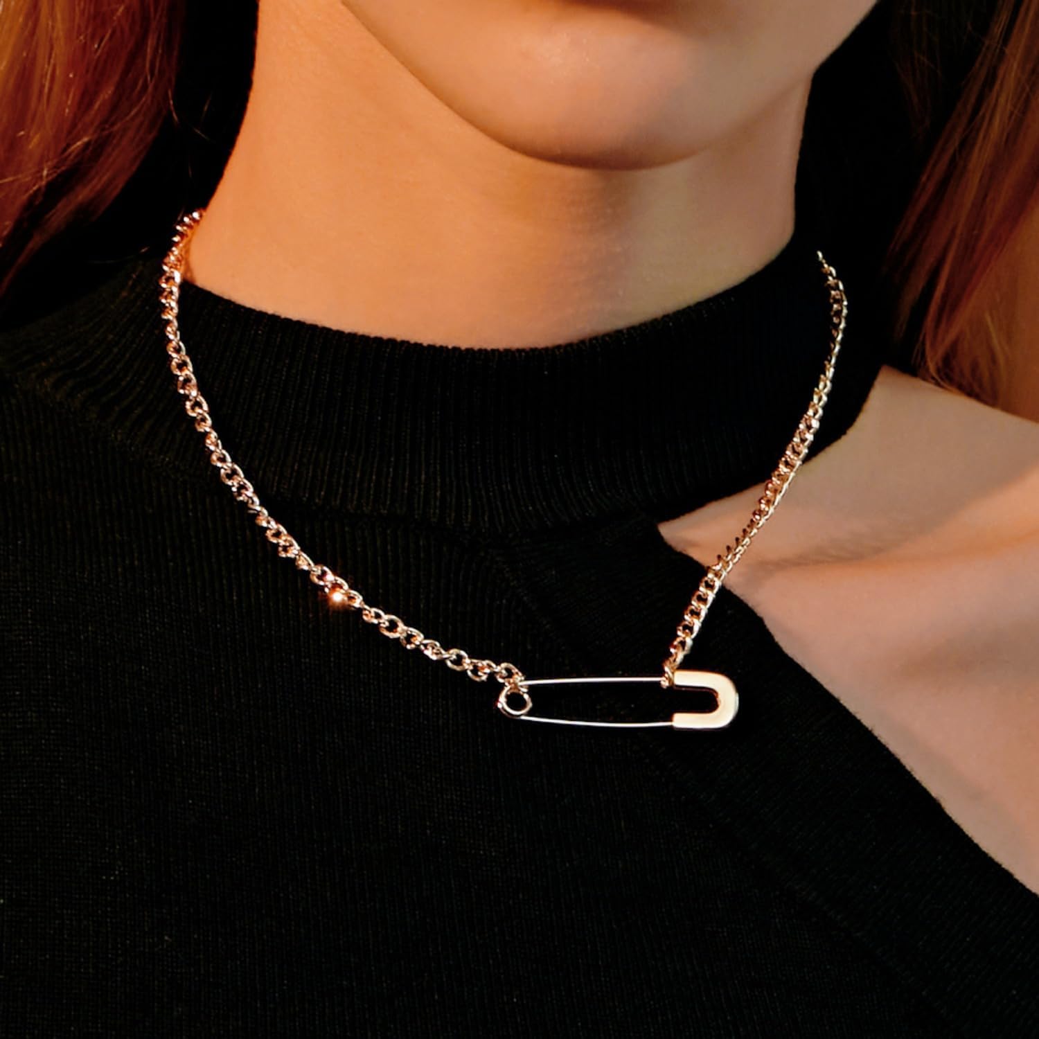 Safety Pin Necklace Heart Pendant Sweet Cool Style Paper Clip Necklace with Extension Chain Simple Copper Personality Exquisite Safety Pin Jewelry for Women image 2
