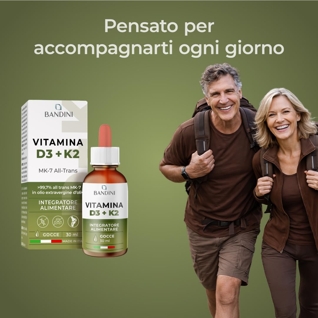Bandini® Vitamina D3 K2 Gocce, in Olio Extra Vergine di Oliva EVO, Vitamine D Colecalciferolo 1000 UI per Goccia + Vit K MK-7 Menachinone Kappa 99,7% 100 mcg per Goccia, con pratico Contagocce
