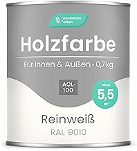 Grundmann Holzfarbe ACL 100 - Holzlack 0,7 Kg Weiss - 4in1 inkl. Grundierung - Seidenmatt - Wetterfest für Innen und Außen - RAL 9010 Reinweiss