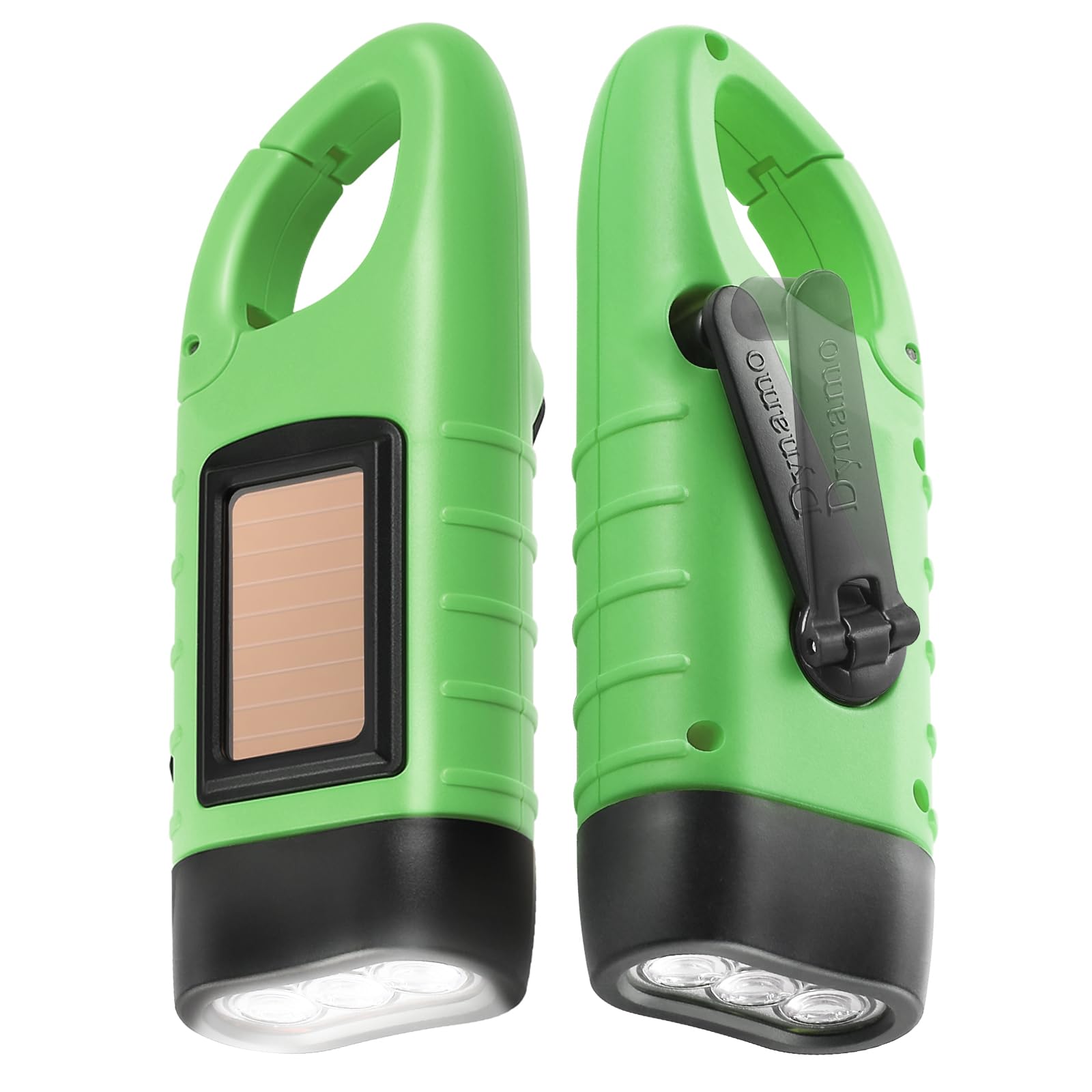 Simpeak 2-Pack Hand Crank Solar Powered LED Flashlight, Emergency Survival Flashlight with Dynamo Carbiner, Light Green