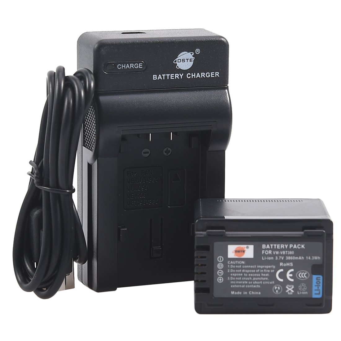 DSTE VBT380 - Batería de ion de litio y cargador micro USB compatible con Panasonic HC-V110, HC-V210, HC-V520, HC-V720, HC-W570, HC-W580, VW-BC10E