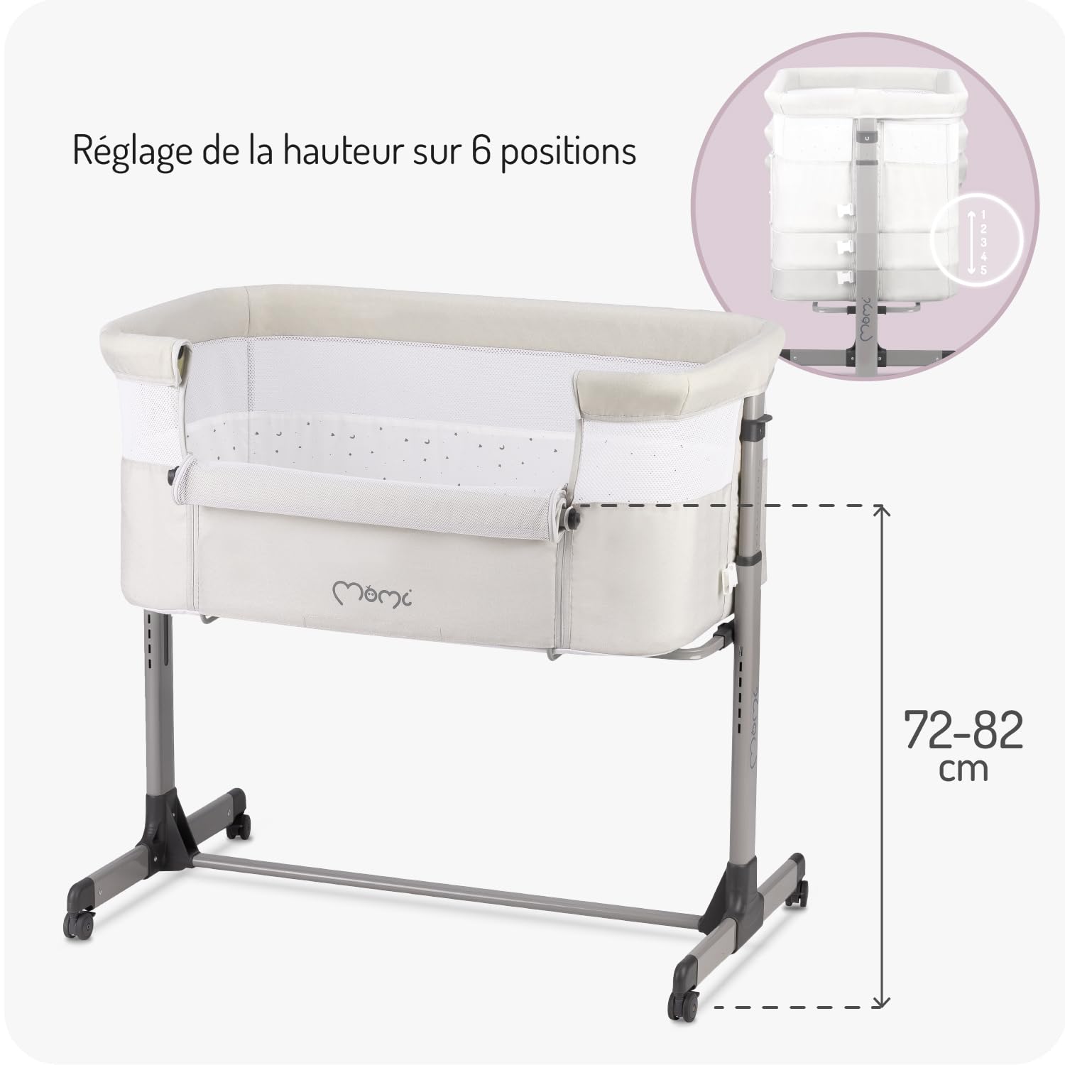 Momi REVO, lit bébé Multifonction, avec Hauteur réglable en 6 Positions de 72 à 82 cm, avec roulettes, Matelas Inclus, Sangles de Fixation, moustiquaire et Barre de Jouets