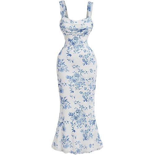 GORGLITTER Women's Floral Ruched Bodycon Summer Wedding Guest Dress Mesh Fishtail Cocktail Midi Sun Dresses 2025