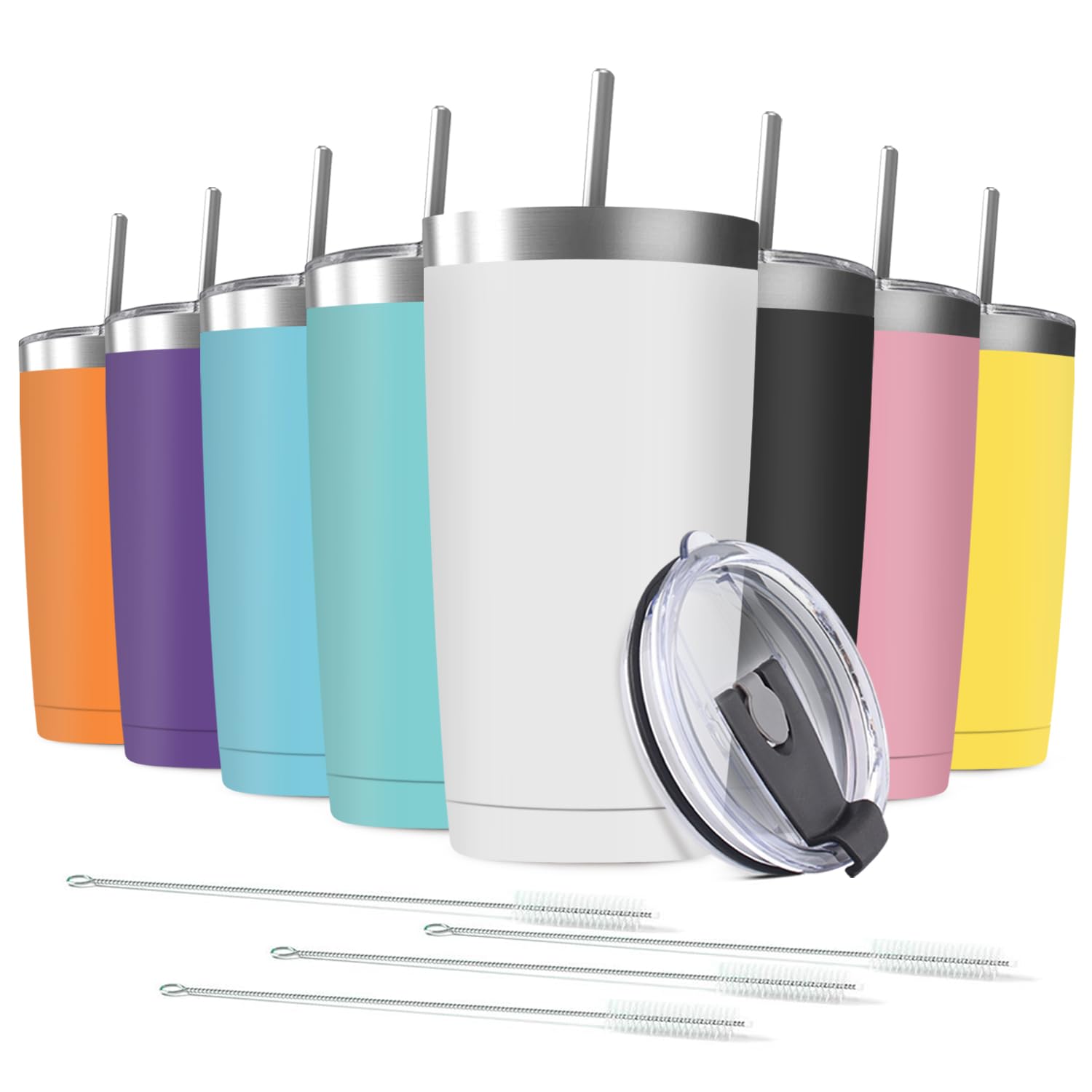 8 Pack 20 oz Stainless Steel Insulated Tumbler with Straw and Lid, Double Wall Travel Cof…