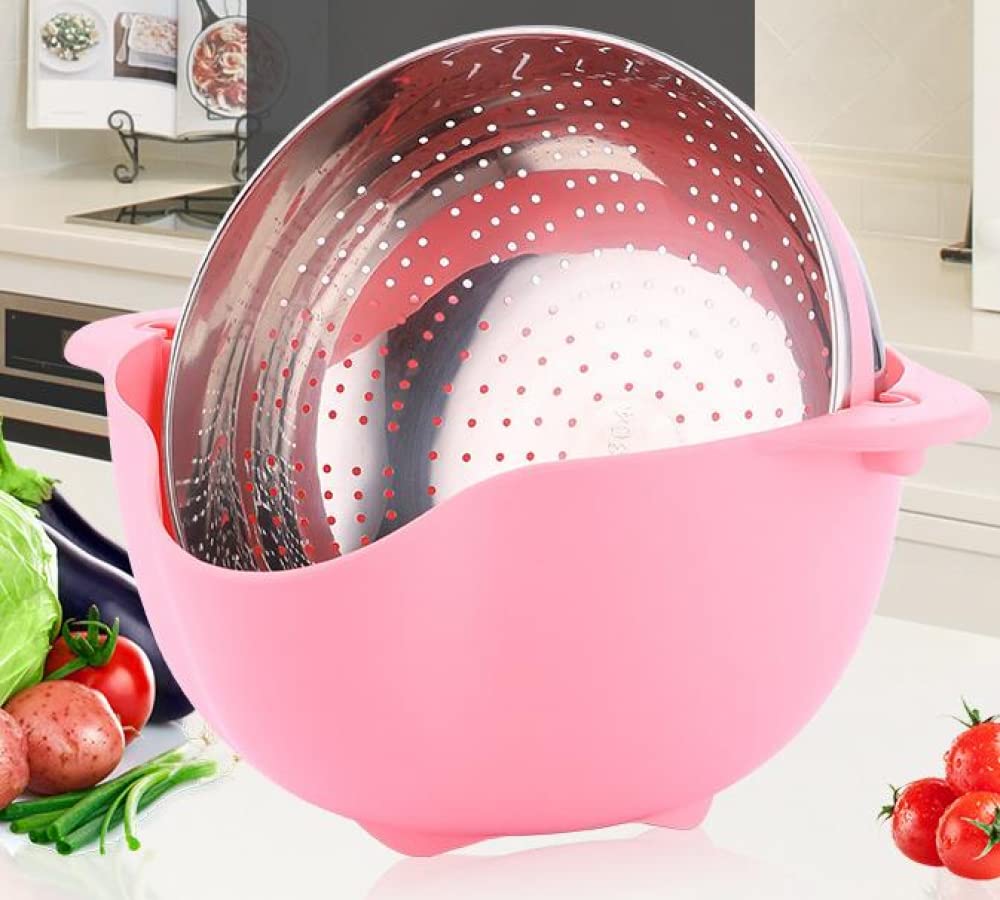 Colador Colador 2 en 1 Cestas de Frutas giratorias para Cocina Coladores microperforados Desmontables Autodrenantes para Pasta Arroz Espagueti Fideos Ensaladas Verduras (Azul)-Pink