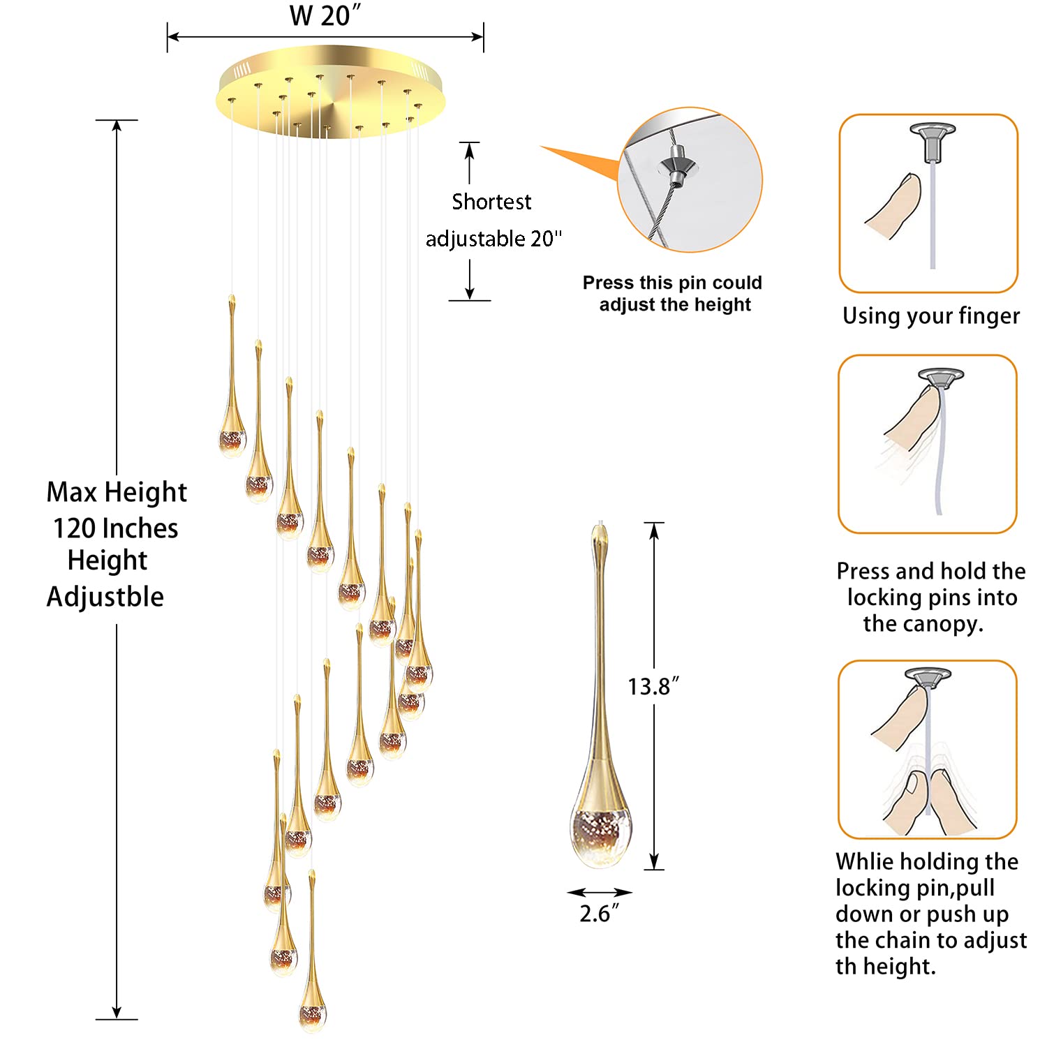 Pendelleuchte 305Cm Lange Regentropfen Kristall Kronleuchter,16 Lichter Dimmbar LED Gold Treppen-Kronleuchter,Lampen für Dekoratives Villa Decken,Foyer,Treppenhaus,Wohnzimmer,Loft-Deckenleuchten,80W