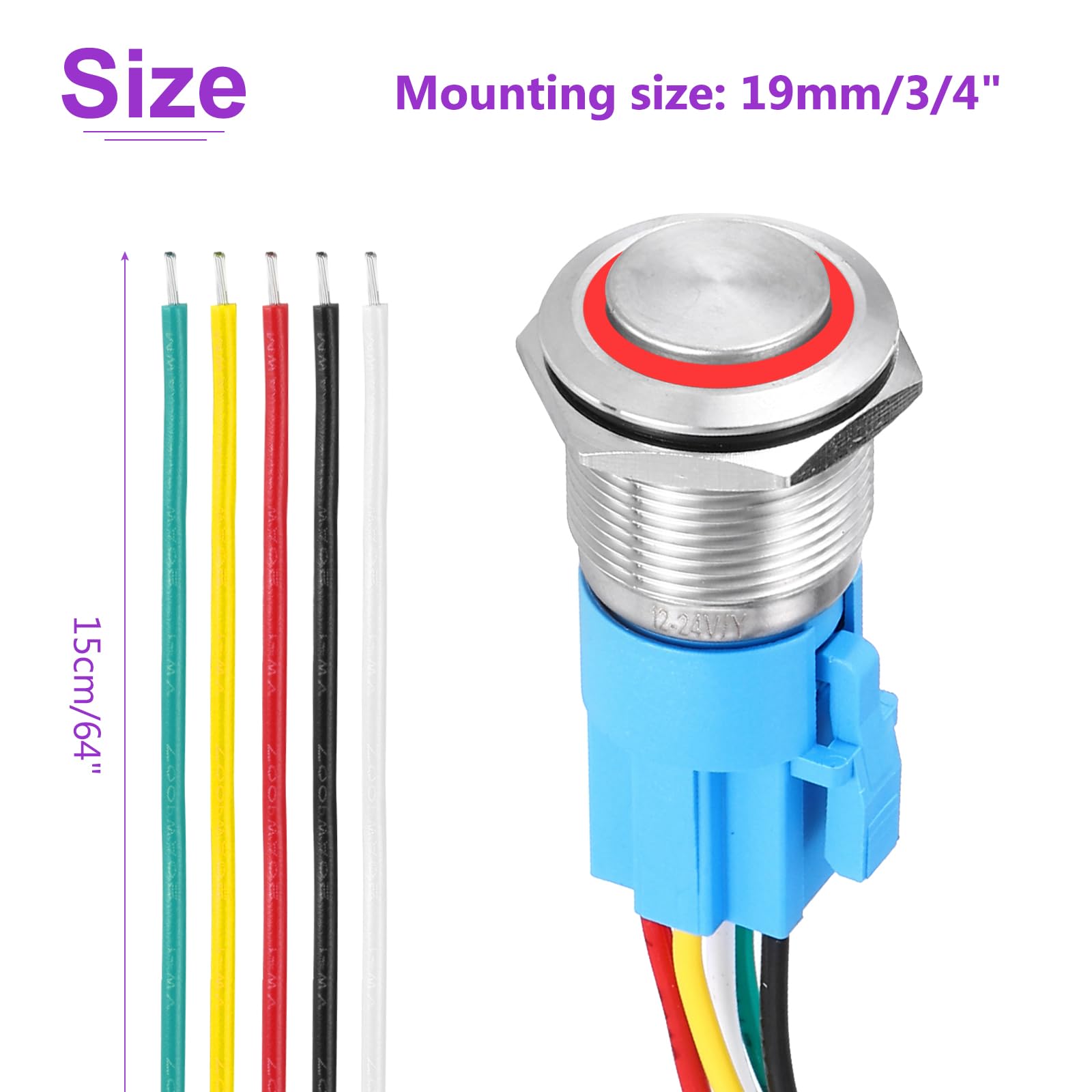 DMiotech 1 Pcs 3/4" Stainless steel Momentary Push Button Switch 5Pin 1NO1NC 5A 12-24V Silver High Top Button Red Ring Lamp with Socket Plug with Wire for Car Boat Systems - Image 4