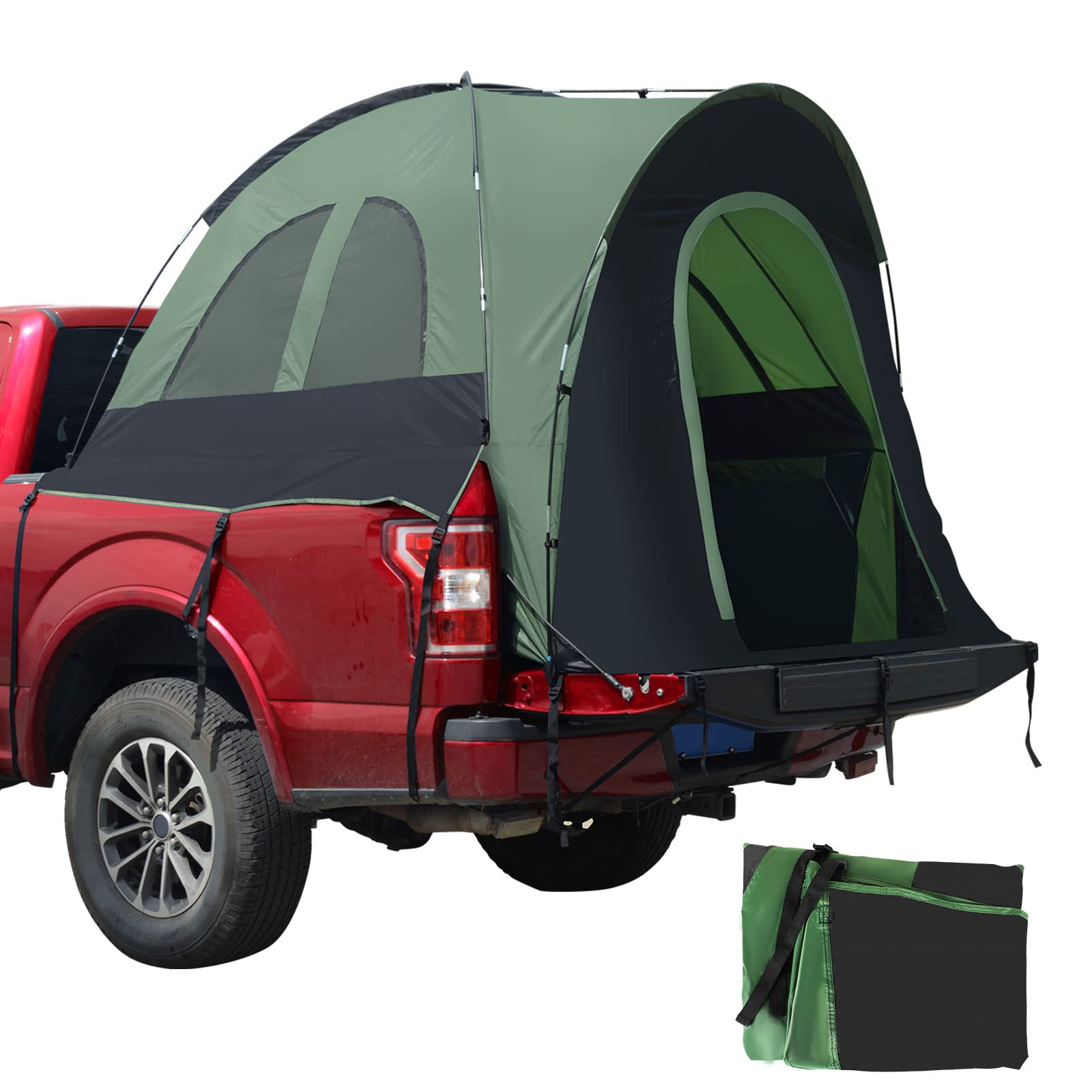 Truck Bed Tent with Extra Tent Cover, Full Size Pickup Tent 2-Person Sleeping Capacity, Includes Rainfly and Carry Bag, Portable Easy Setup Tent for Camping, Hiking,Fishing, Green&Black Color