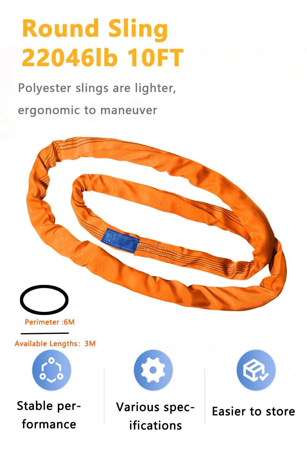 Correa redonda de poliéster resistente de 9,999.9 kg de longitud, correa de elevación industrial de 6 m de circunferencia con núcleo interior reforzado, suave y protectora para cargas delicadas. 10t-3