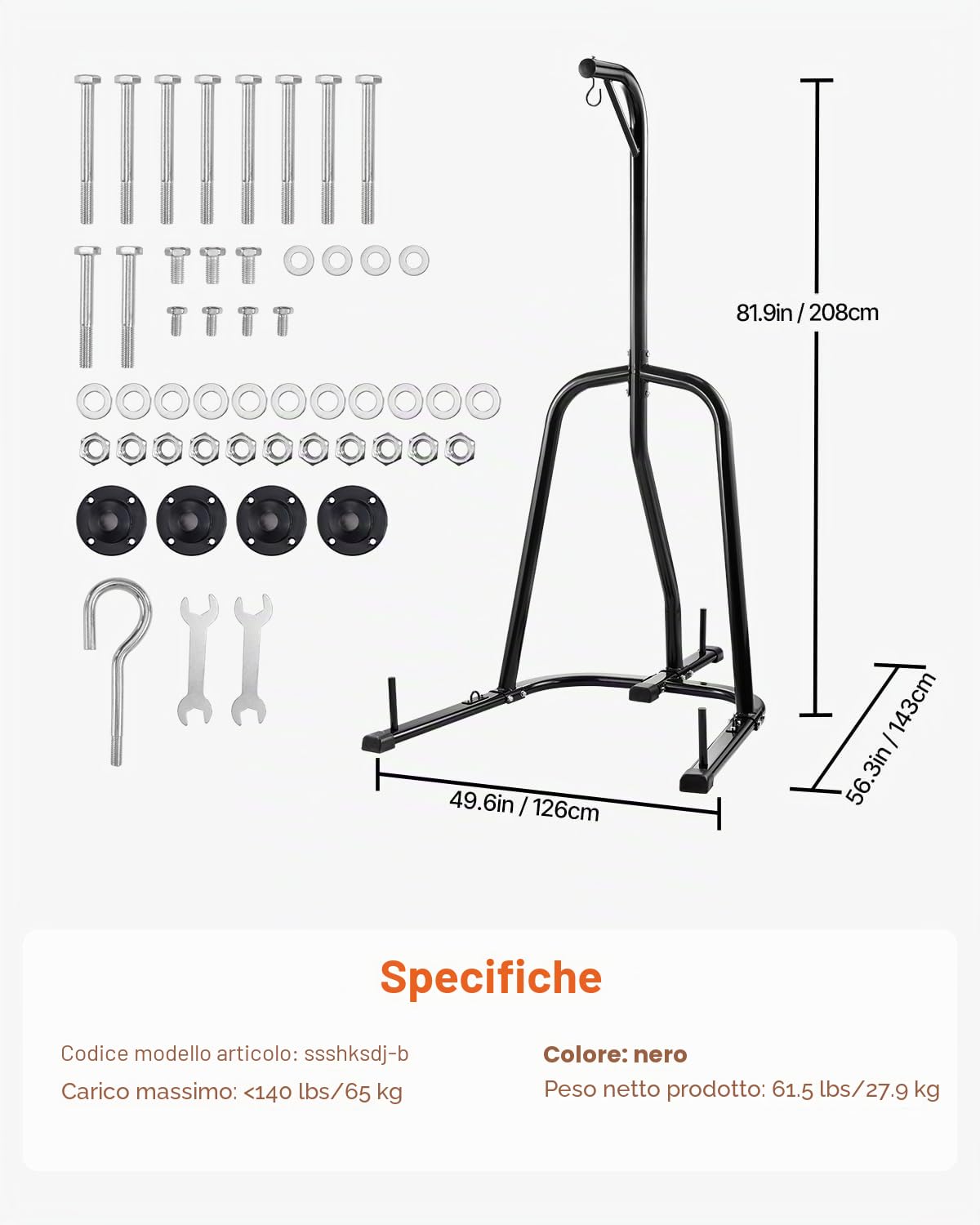 VEVOR Supporto per sacco da boxe, in acciaio resistente, attrezzatura per allenamento di allenamento, altezza regolabile, supporto da boxe con base ponderata, supporta fino a 63,5 kg, autoportante