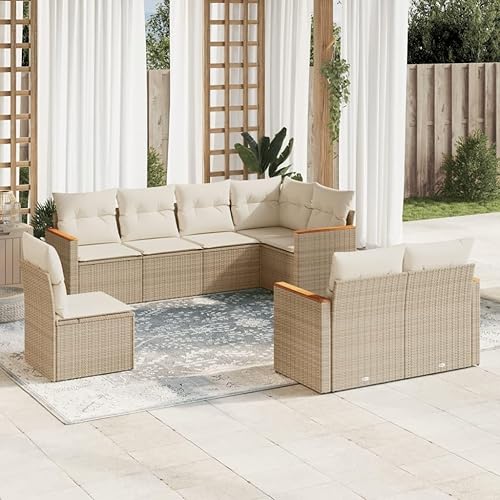 8 Piece Outdoor Modular Sofa Set in Beige and Cream White, Modern Patio Furniture with UV-Resistant PE Rattan and Removable Cushions, Flexible