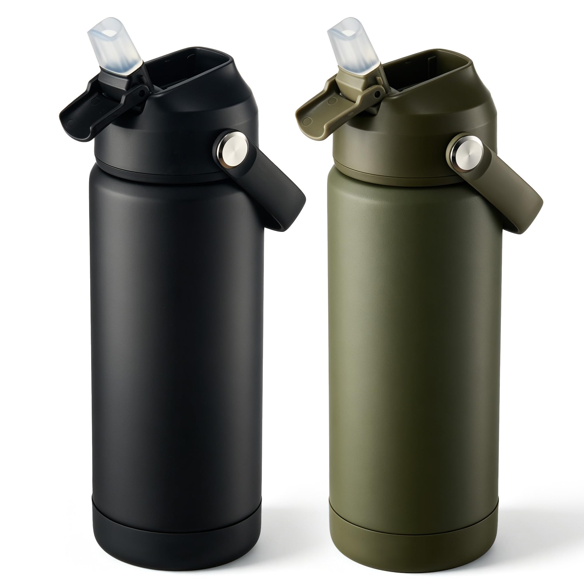 Fijinhom 18 oz Insulated Water Bottle with Straw Lid, Stainless Steel Water Bottles, Double Wall Vacuum, Portable Handle & Non-slip Bottom, BPA Free Leak Proof Metal Bottles (Black+Green, 2pack) Black+Green 18 Ounces(2 Pack)