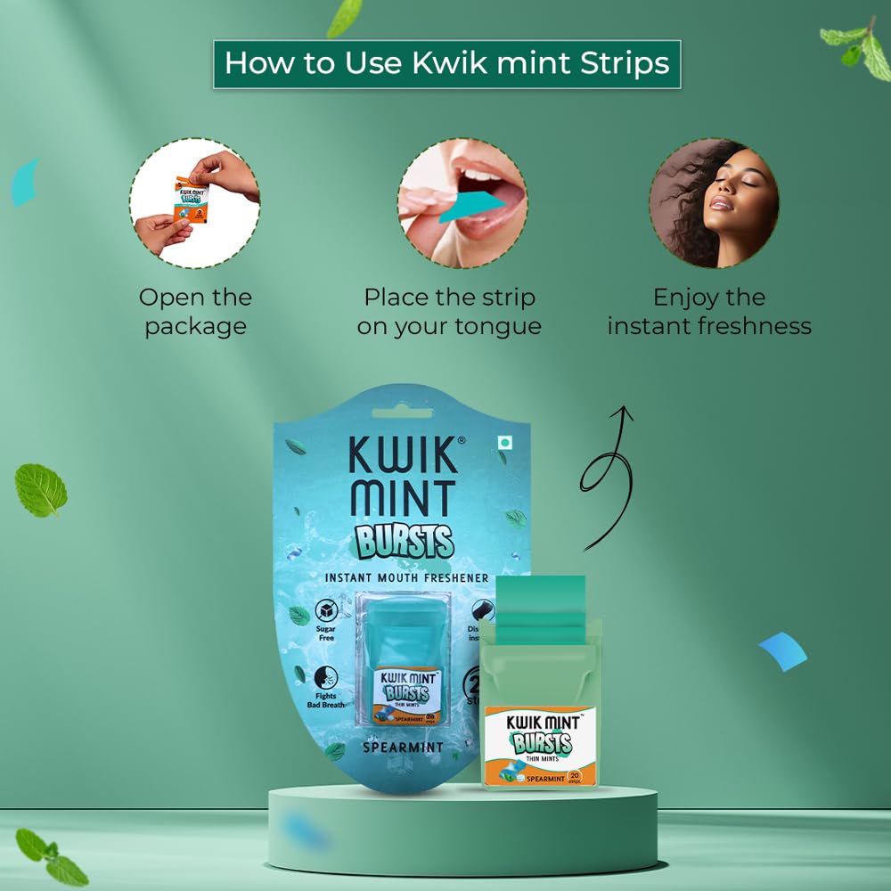 Kwik Mint Bursts Sugar Free Mouth Freshener Oral Care Strips, Spearmint Flavour for Fresh Breath | Refreshes Your Throat, Clear Nostrils- 200 Strips - Pack of 10 (Spearmint Blister Pack) 1