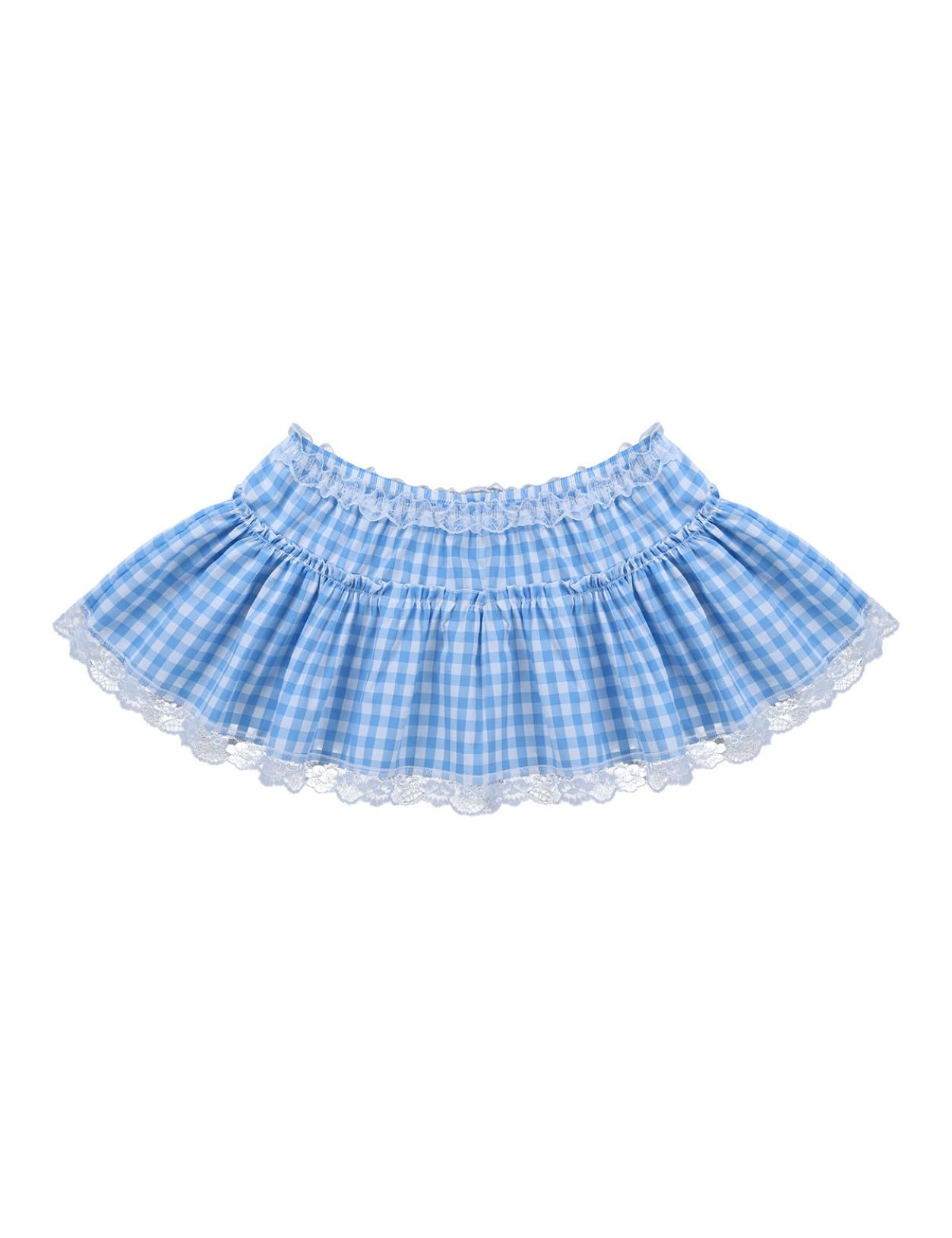 inlzdz Womens Lace Micro Mini Plaid Skirt Adults Sissy Crossdress Lingerie Lace Hem A-line Pleated Mini Skirt