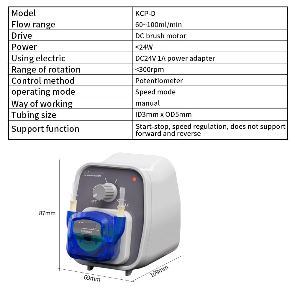 50-100ml/min KCP-D Mini Peristaltic Pump 24V DC Motor Dosing Pump 2mmX4mm BPT Tubing with Adjustable Flow Rate Control