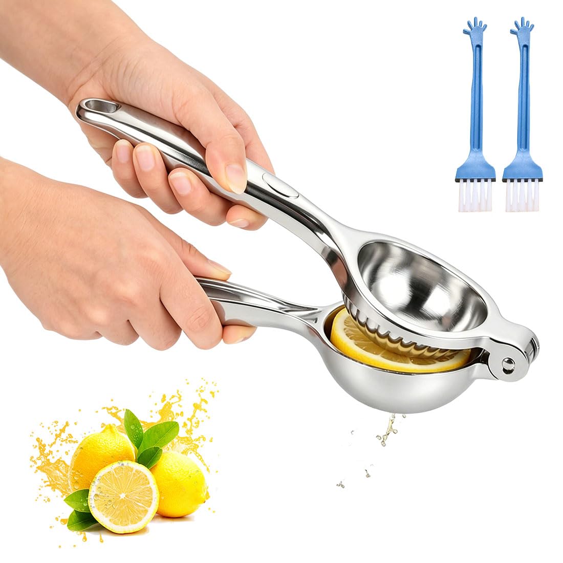 Exprimidor de Limón Manual, Acero Inoxidable, Jugo Fresco y Rico, Incluye 2 Cepillos de Limpieza, Para Hogar, Cocina y Bebidas