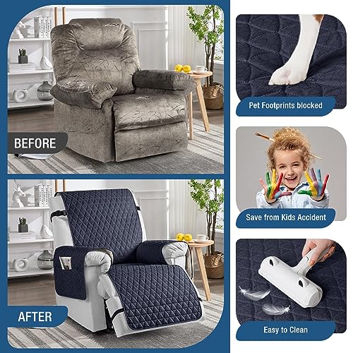 Image of TAOCOCO 100% Waterproof Recliner Chair Covers, Non Slip Recliner Covers that Stay in Place, One-Piece Washable Reclining Chair Cover with Elastic Straps, Dark Blue, Fits 28 inch Seat Width