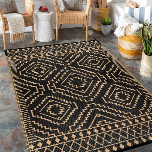 Wonnitar Outdoor Rug 5x8 Waterproof Reversible Plastic Straw Rug for Patio Clearance, Moroccan Outside Area Rug RV Rug for Camping, Indoor Outdoor Portable Mat for Balcony Porch (Black & Brown,5'x8')