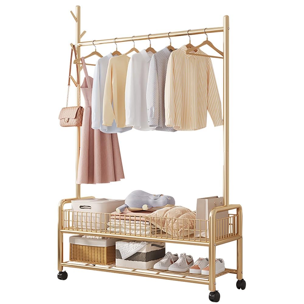 FGXHHS Industrial Coat Rack Stand with Shoe Storage, Steel Frame Hall Tree, 90/120CM, Hooks & Shelves, Mobile Clothes on Castors, Heavy-Duty, 100kg Load Capacity for Hallway