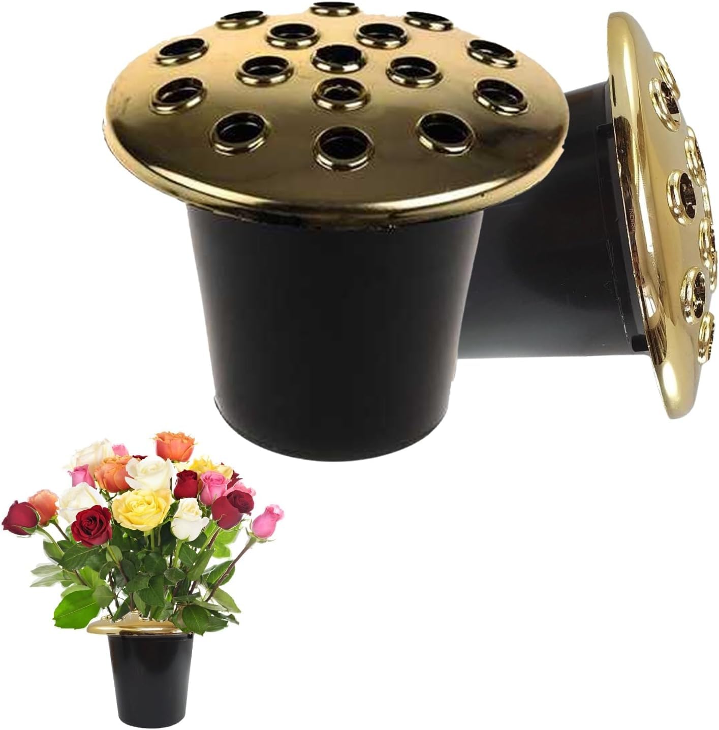 Grave Flower Holders Set of 2, Memorial Vases for Graves with Gold Lids, Strong Plastic Grave Flower Pots Insert in Grave-side, Grave Vase for Grave Decorations