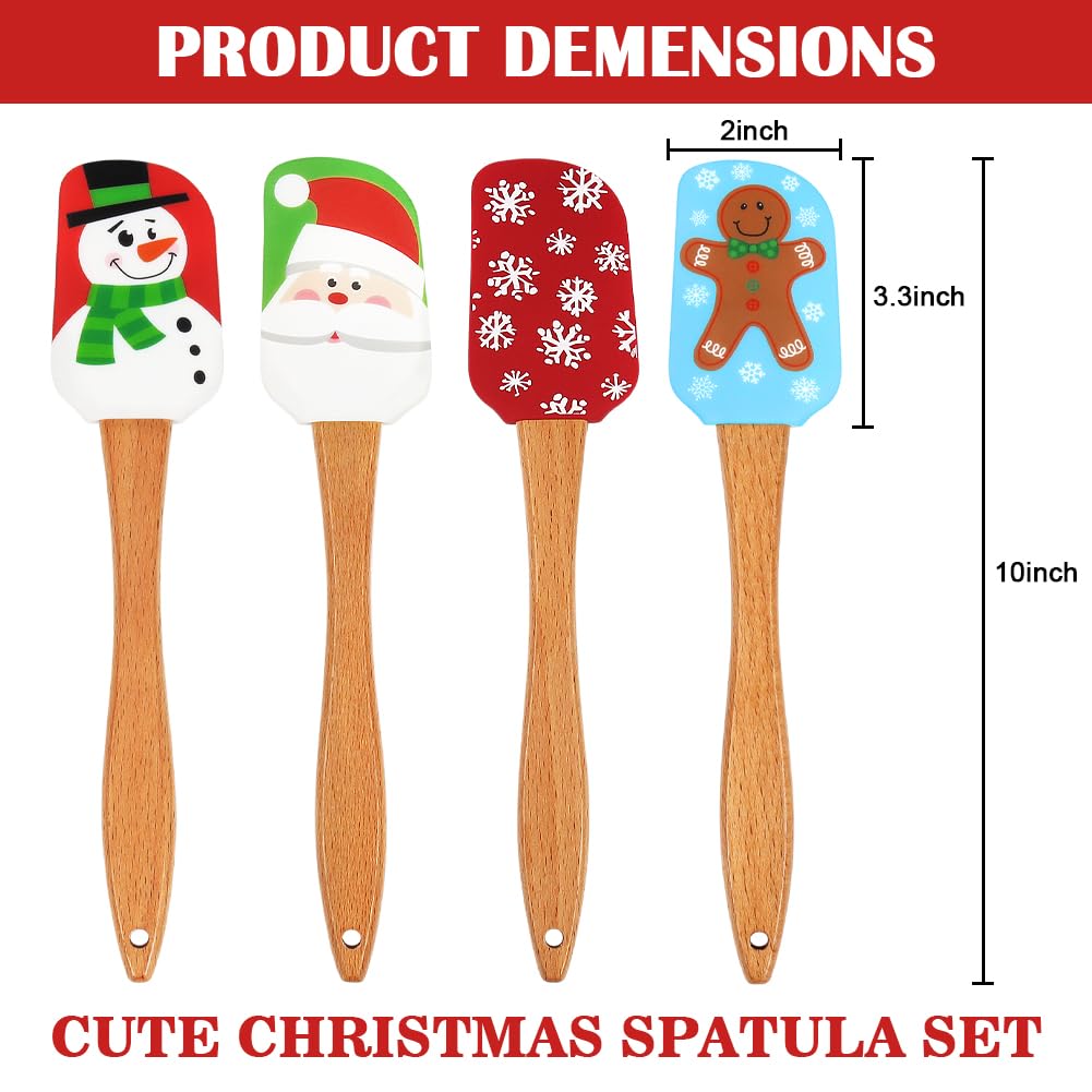 BOYAN Espátula de silicona navideña, juego de 4, espátulas de Navidad con mango de madera para hornear, utensilios de cocina, suministros para hornear, regalos y decoración