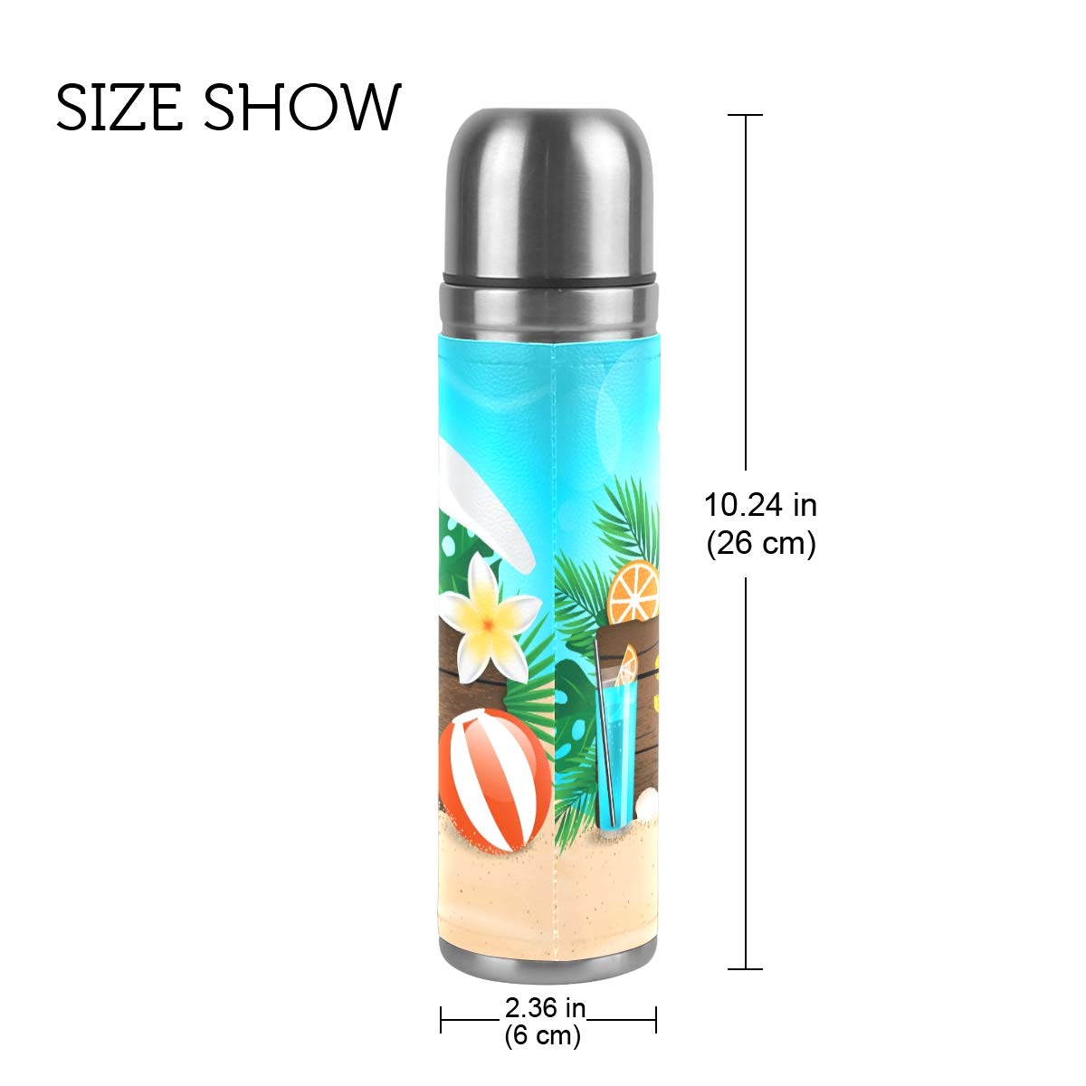 Thermosflasche, Vakuum-isoliert, Edelstahl, doppelwandig, auslaufsicher, Sommer-Motiv, personalisierbar, bedruckt, echtes Leder, 500 ml