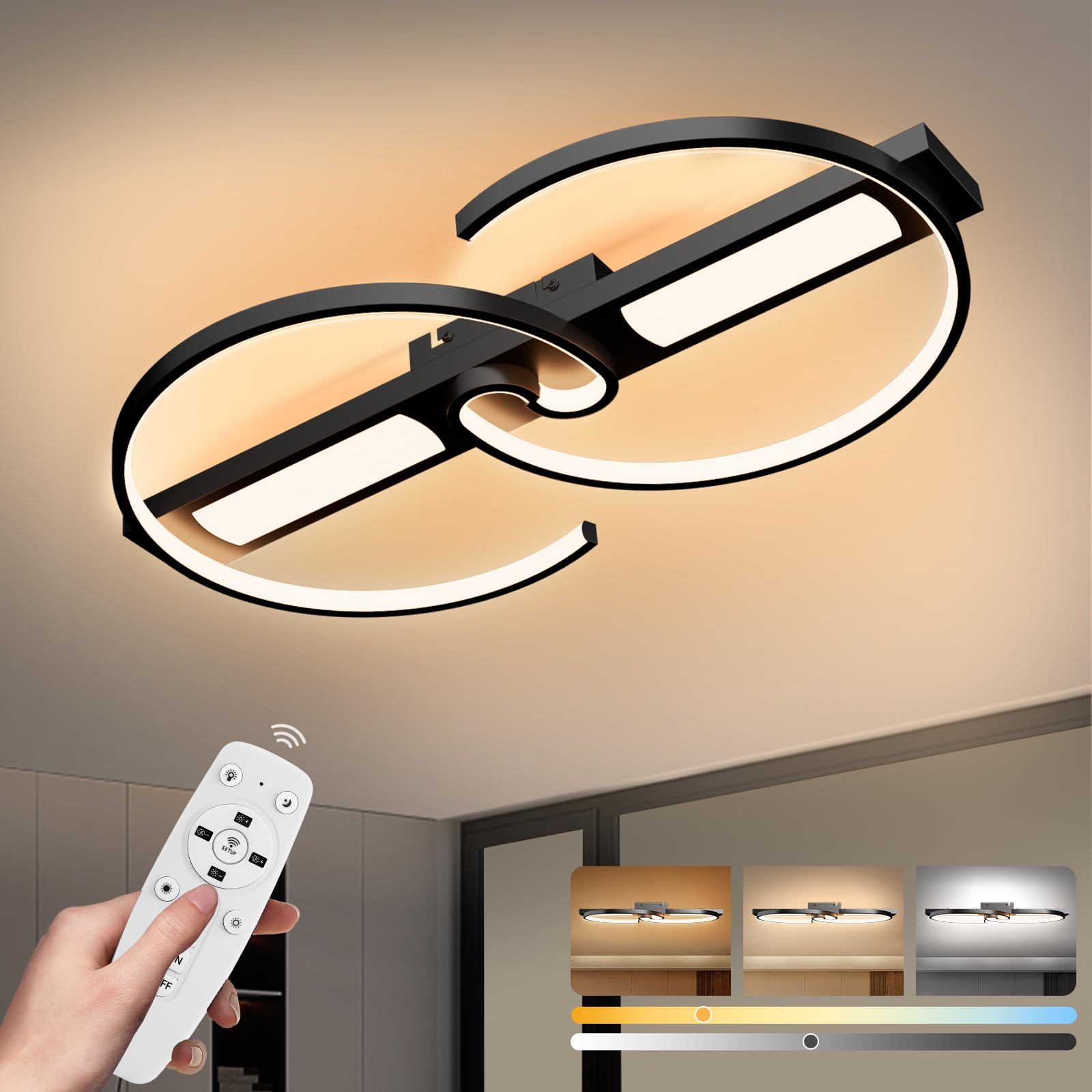 YindaLux 3CCT LED Plafón Regulable, 40W 4400LM Plafón con Mando a Distancia, Moderna Lámpara de Salón Negra 3000K-6500K Aluminio 40cm Cocina Lámpara LED para Salón Dormitorio Cocina