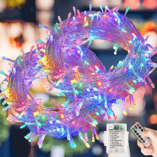 Lichterkette Außen Batterie,2er Pack 40LED Lichterkette 8 Modi Lichterkette Außen/Innen, IP65 Wasserdichte Außenlichterkette mit Fernbedienung Timer für Möbel,Balkone, Gärten, Partys(Mehrfarbig) Cover