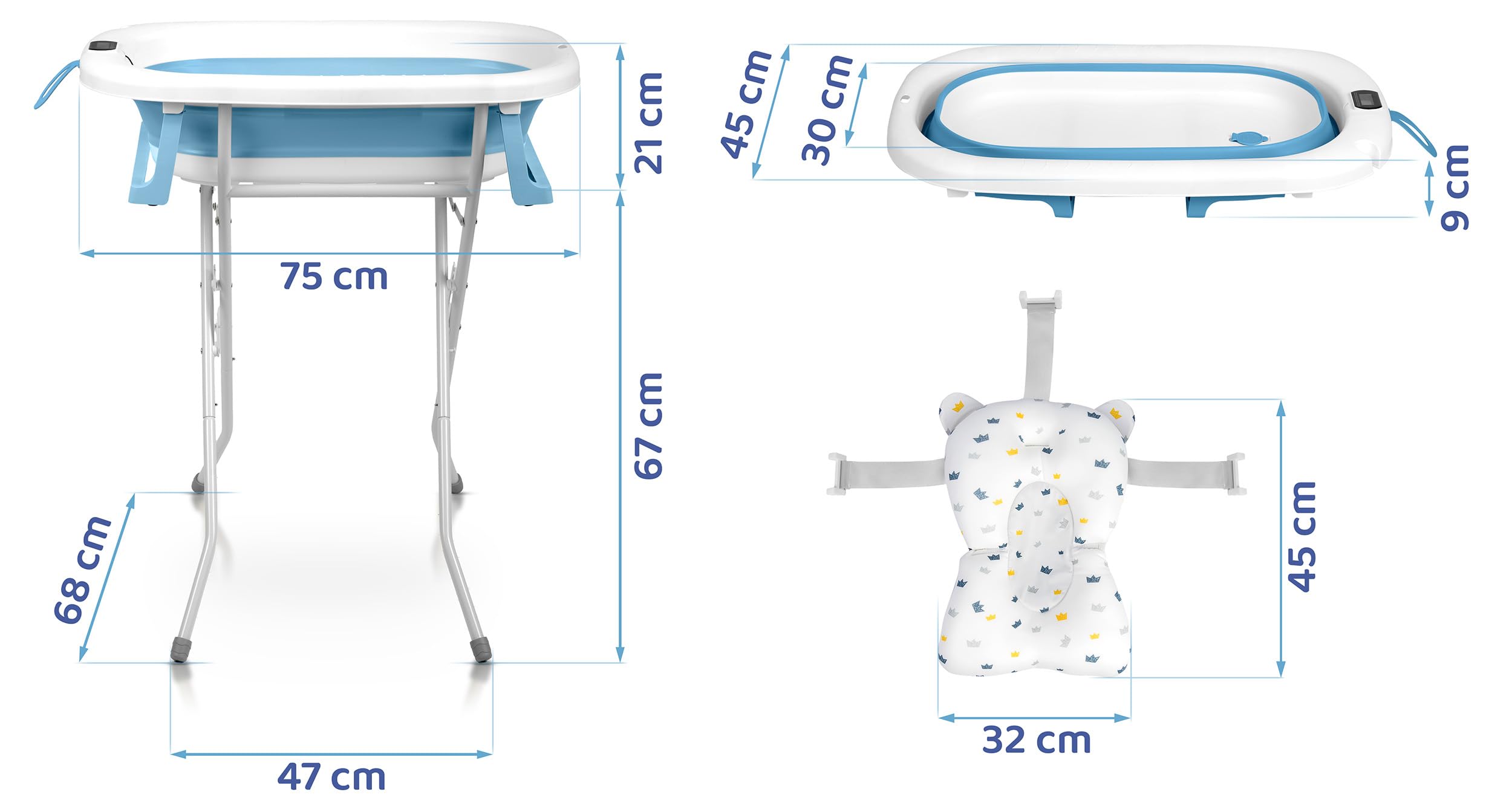 Ricokids Baby Badewanne Babywanne mit Gestell Thermometer und Badekissen - Faltbar Leicht Rutschfest - Weiß Blau