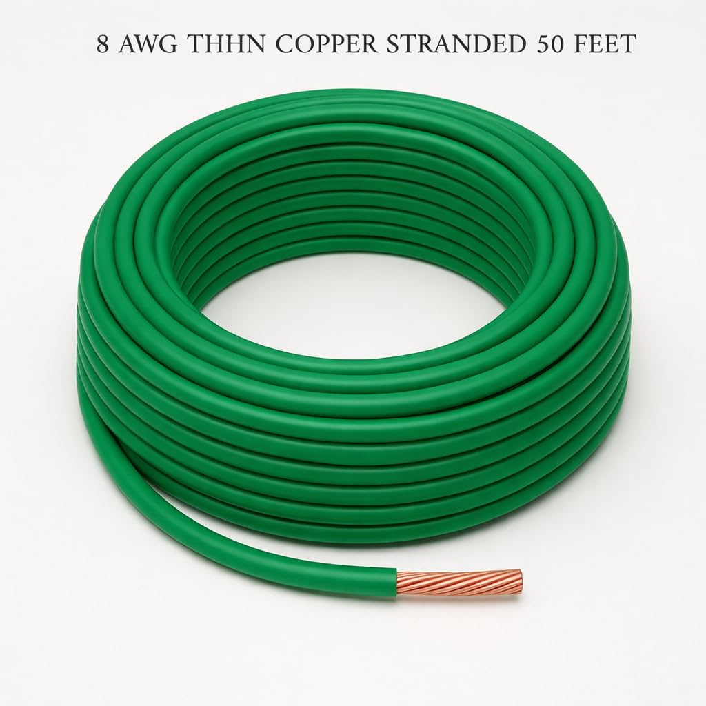 50 FEET 8 AWG 19-Stranded THHN-THWN-2 Copper Building Wire, Green Jacket.