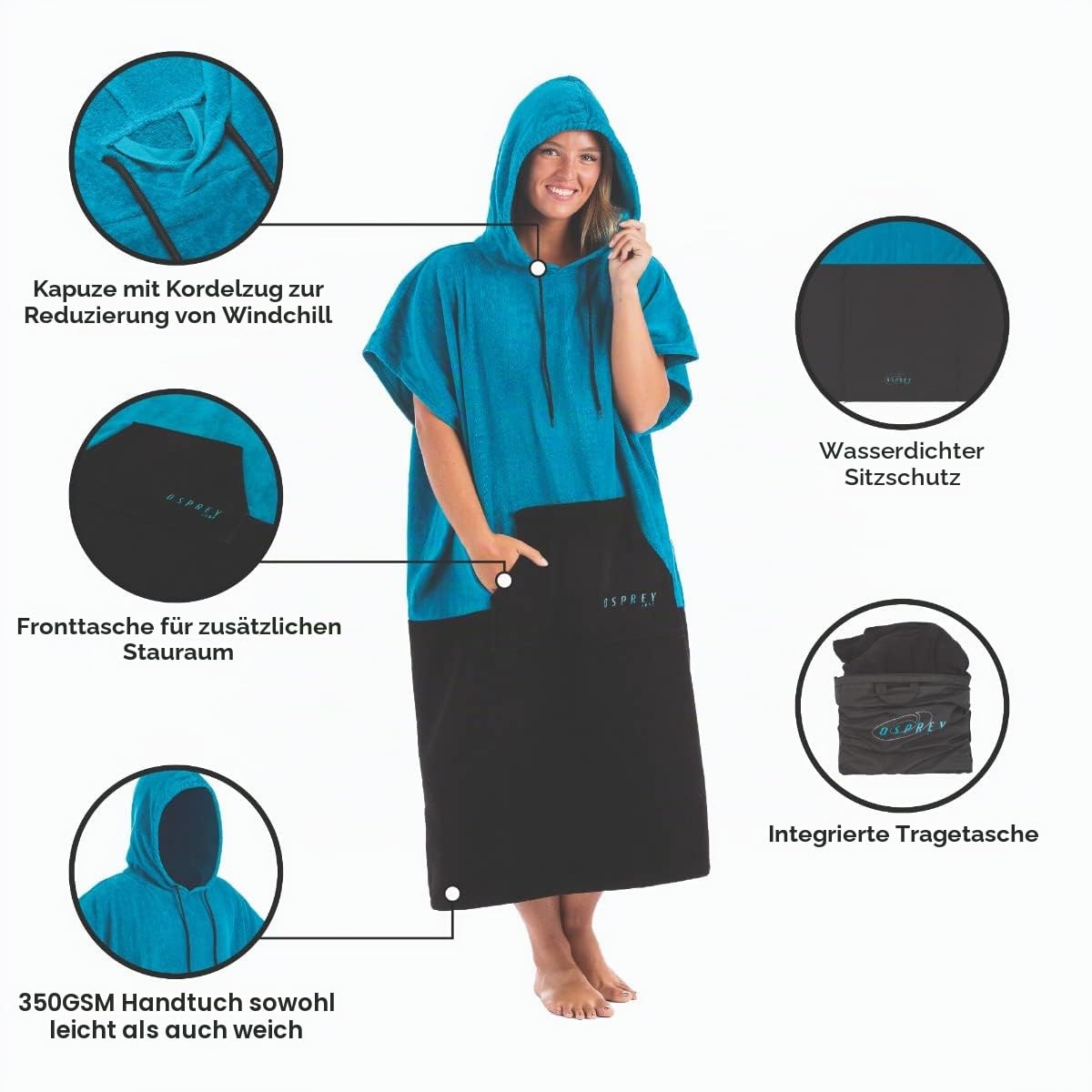 Osprey Handtuch Poncho | Unisex Kapuzen Surf Poncho Strand Wickelmantel für Damen und Herren Surfen Schwimmen mit integrierter Tasche mehrere Farben