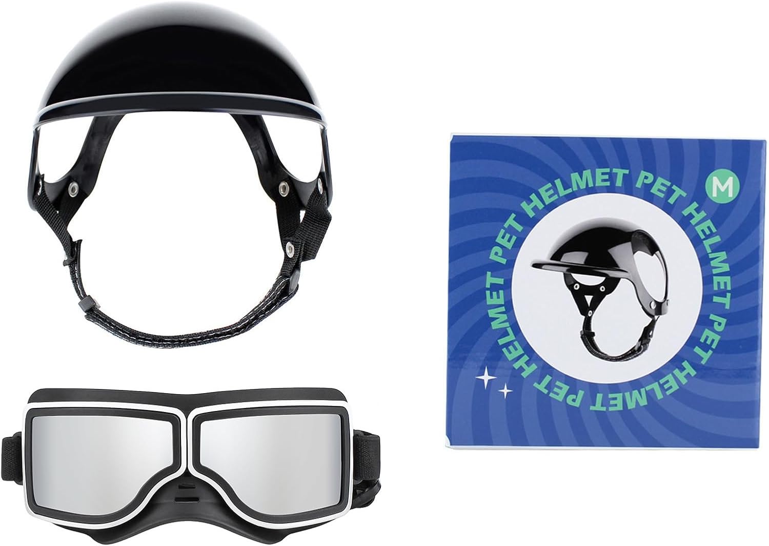 Dog Goggles for Small Dogs and Helmet Adjustable, 2PCS Doggy Sunglasses and Pet Motorcycle Helmet Set, for Small Medium Breed Outdoor Driving Walking(M Helmet+Silver (09))