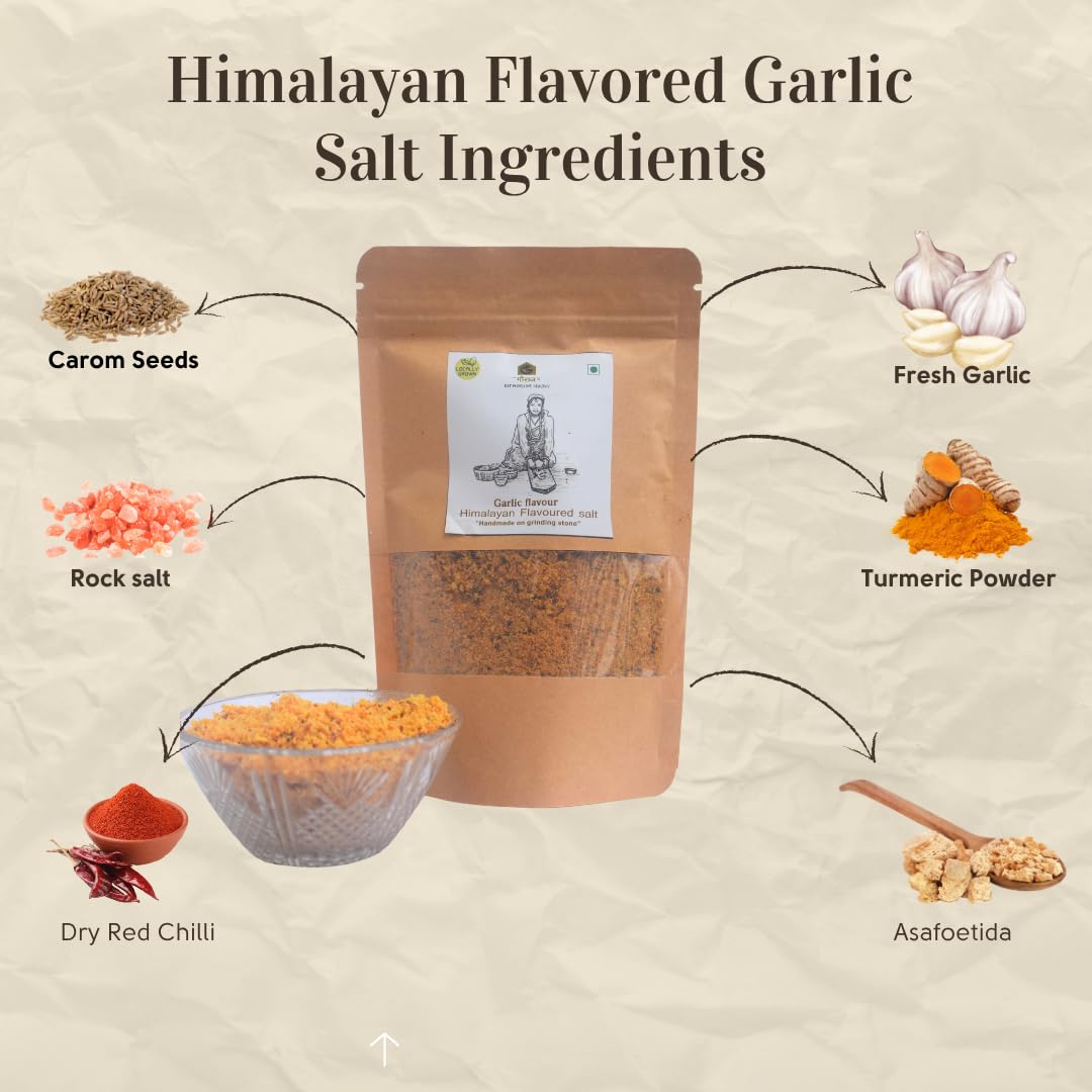 Gauraaj Handgrounded Garlic Himalayan Flavored Salt - 500g | Organic Pahadi Namak Seasoning | Pisyu Loon Seasoning Mix for Popcorn, Salad, Raita, Snacks | No Preservatives & Chemicals (Pack of 1) - Image 3 thumbnail