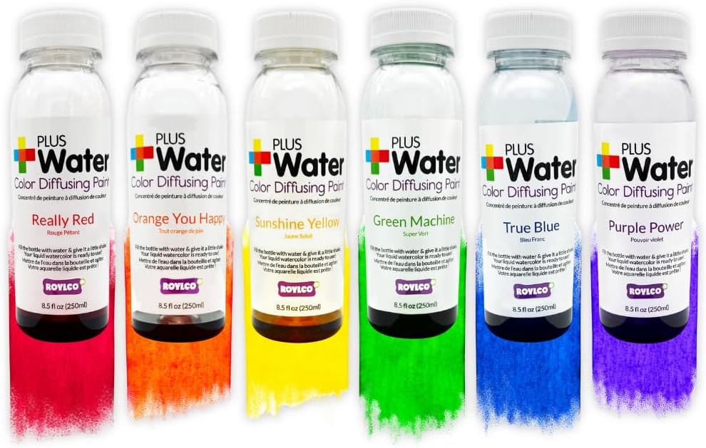 Roylco PlusWater Value Kit - 8oz Large Bottle Liquid Watercolor Paint, Washable, Safe and Non-Toxic | Water Colors Painting Supplies for Art Activity, Craft DIY, Poster, School, Home, Classroom, Party | Add Water to Create Paint - Arts & Crafts Paints for School Supplies and Painting Set | Easy to Pour Fluid Bottles