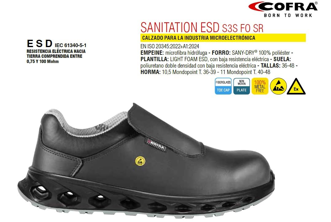 COFRA Sanitation ESD Zapato de Seguridad Laboral, Negro, Microfibra Hidrófuga, ESD Antiestático, Metal Free, Puntera de Fibra de Vidrio