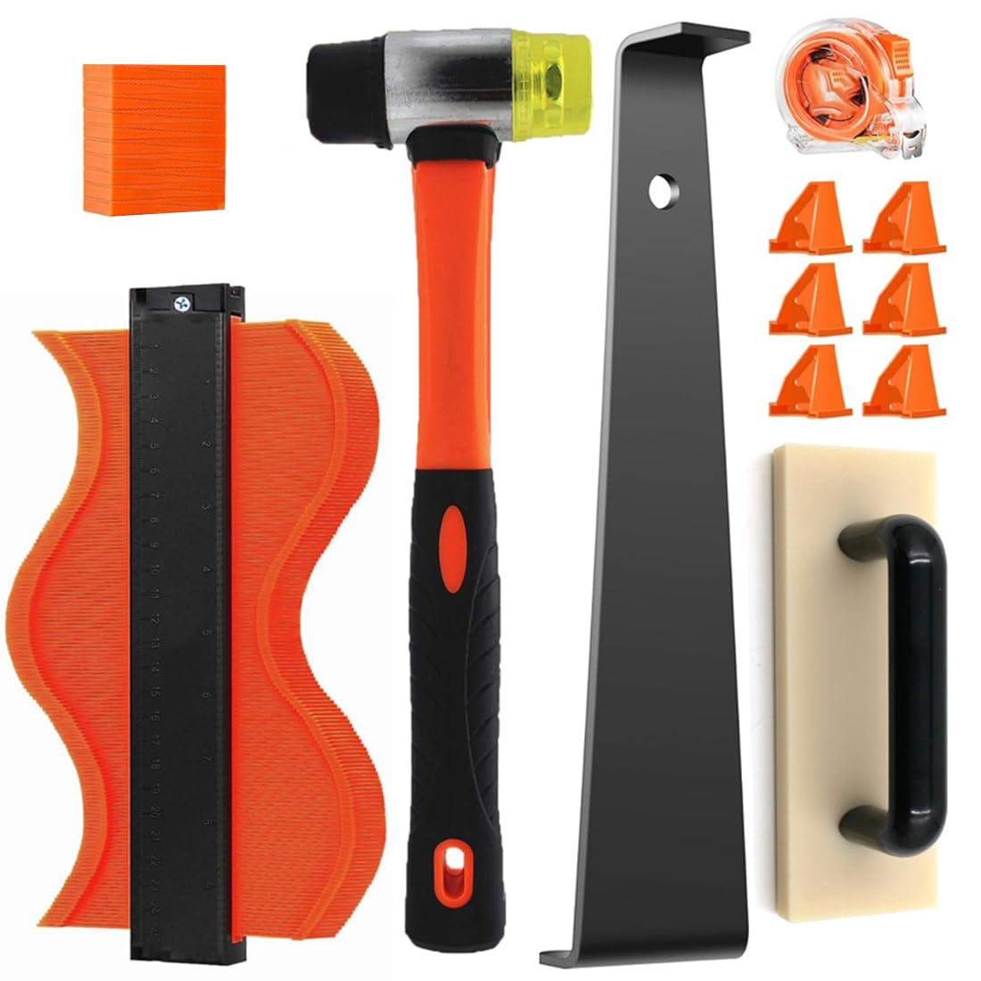 REASOR Laminate Wood Flooring Installation Kit,7 in 1 Flooring Tools,Vinyl Floor Repair Kit,Tapping Block with Handle,2 In 1 Flooring Spacers,Pull Bar,25CM Contour Gauge,Rubber Mallet,Tape Measure