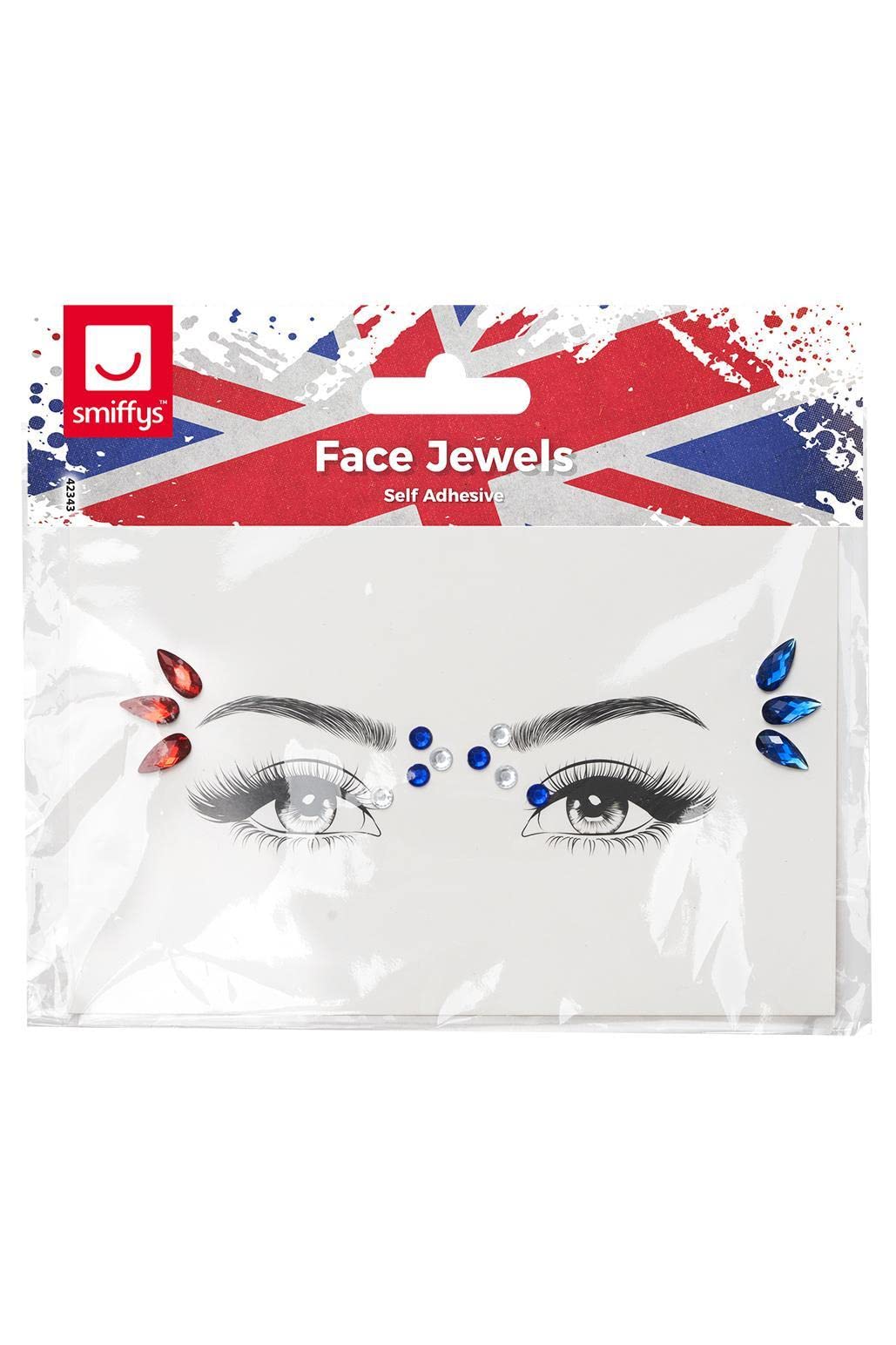 Smiffys 42343 Union Jack Face Jewels, Unisex Adult, Red, Blue & White, One Size