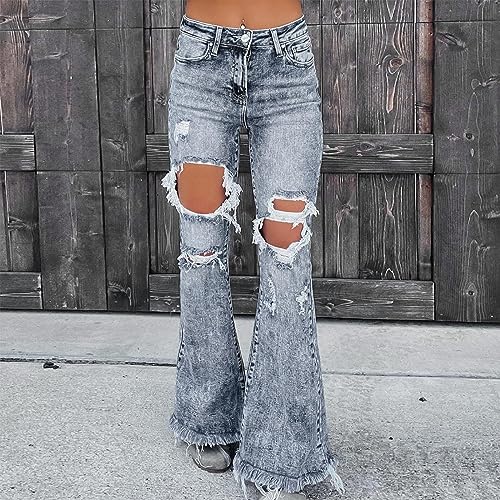 Bell Bottom Jeans for Women Ripped Low Waisted Distressed Wide Leg Denim Pants Baggy Frayed Hem Loose Fit Flare Jeans2