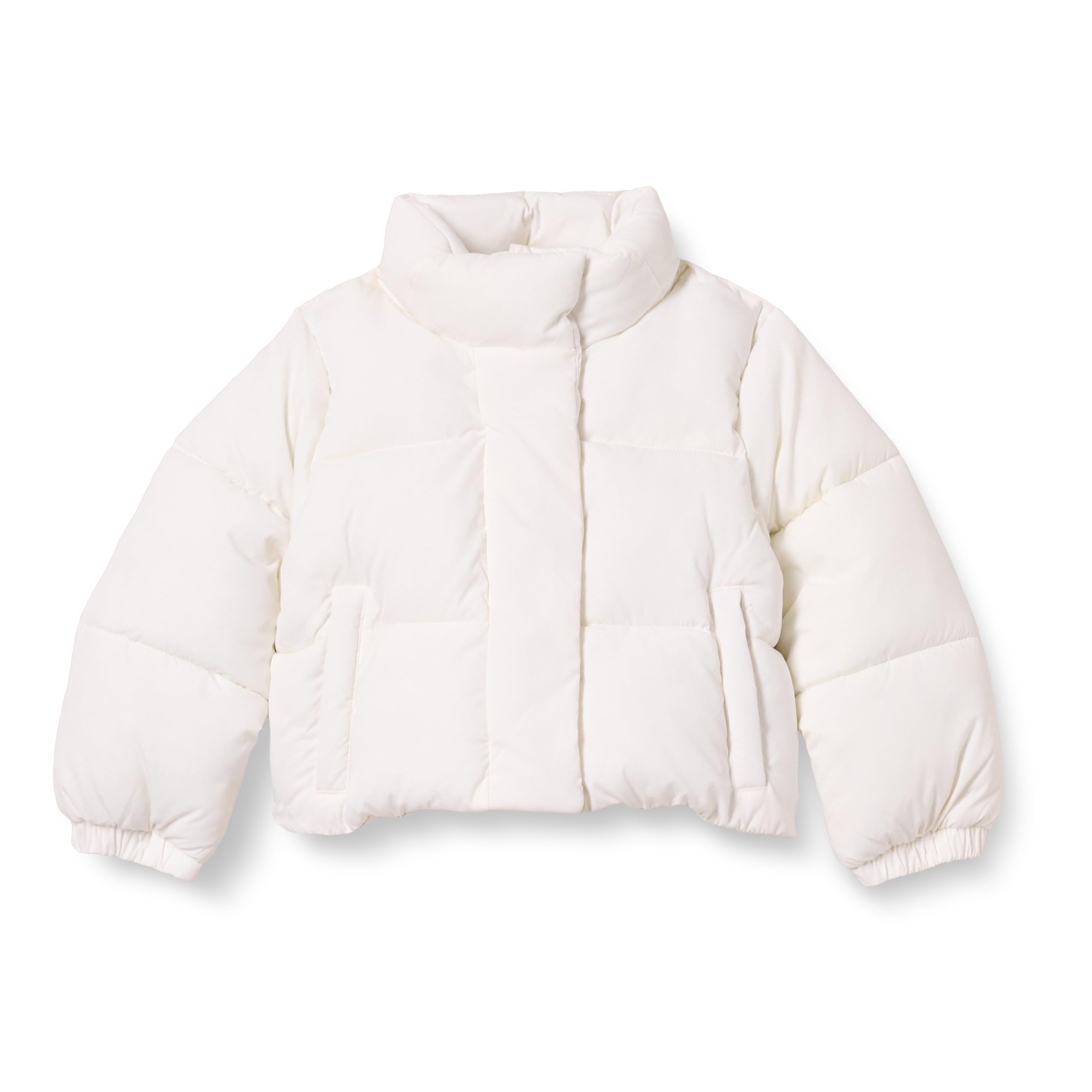 Amazon Essentials Toddler Girls' Cropped Full-Zip Puffer Jacket (Quilted Matte or Sherpa Fleece), Eggshell White, 2T