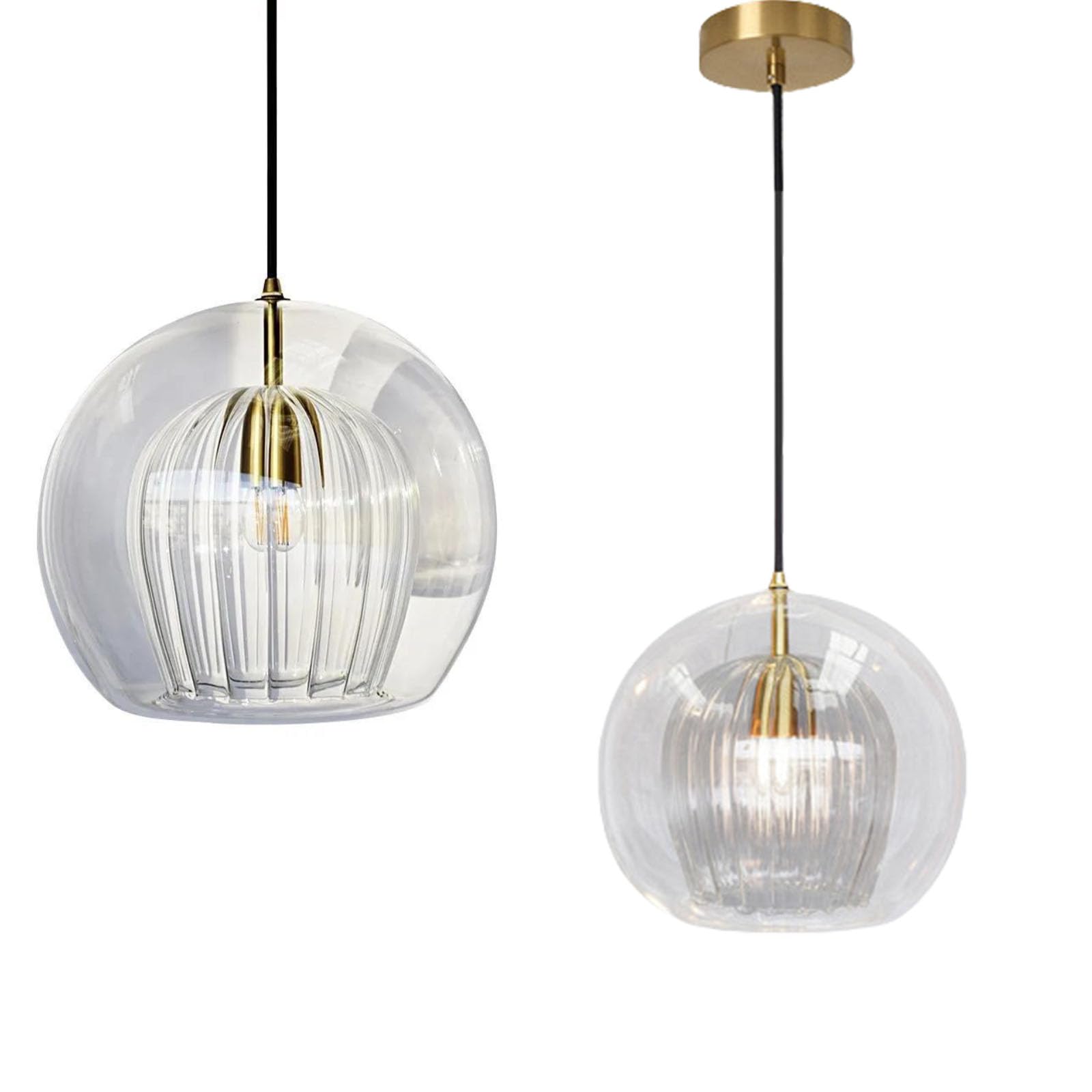 HYJAUSXB Double Glass Pendant Light Ceiling Lighting u2013 Clear Blown Spherical Chandelier for Kitchen Island, Living Room, Dining Bedroom Modern Vintage Fitting, E27, LED Compatible