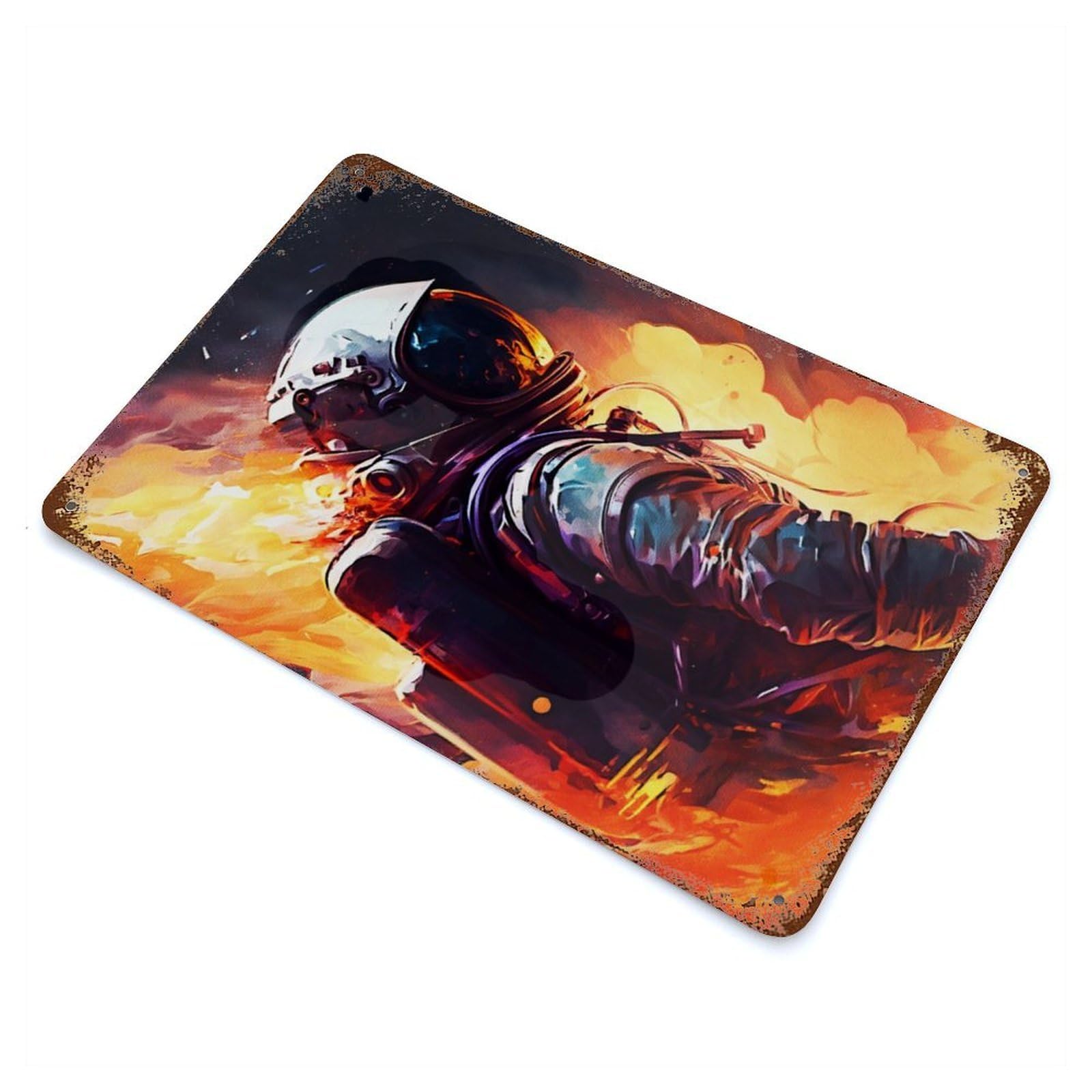 Painting Astronaut Flames 11.8"x7.9" Aged Metal Wall Plaque, Retro Wall Decor for Farmhouse, Kitchen And Entryway Decor